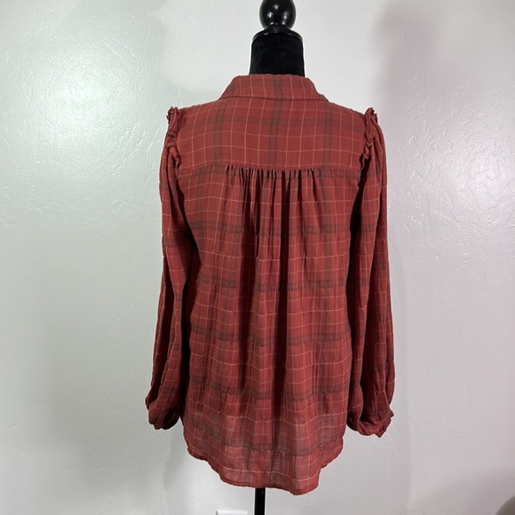 Max Studio Cotton Plaid Feminine Blouse Size S Brown Ruffles Empire Sleeve - Picture 6 of 11